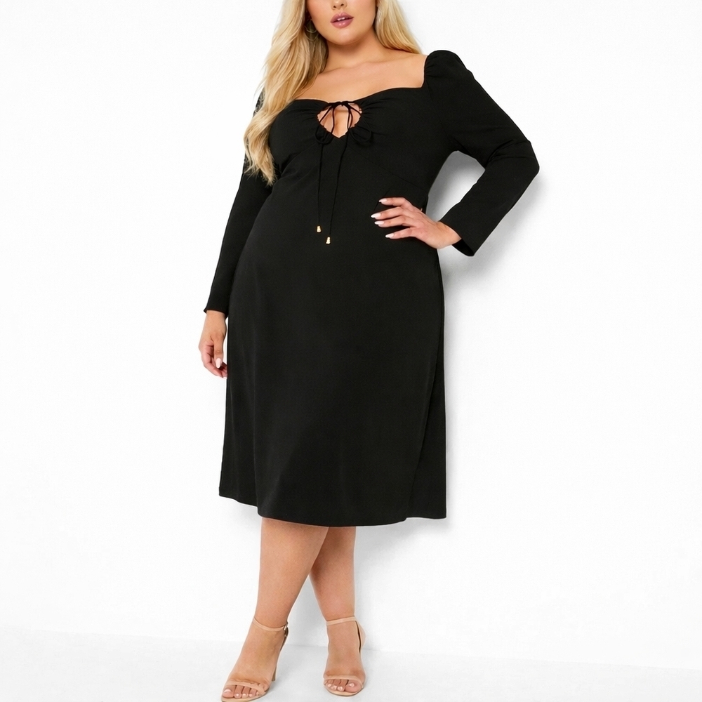 Addition Elle Black Midi Dress Long Sleeve Stretchy Ponte Knit Sweetheart New 2X